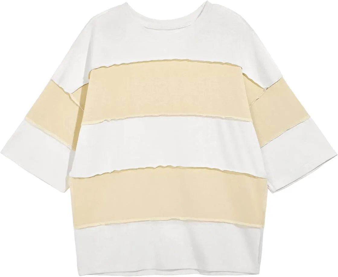 Tankaneo Womens Oversized Color Block Tshirts Half Sleeve Loose Fit Tops Summer Casual Crew Neck Exposed Seam Tee Shirts