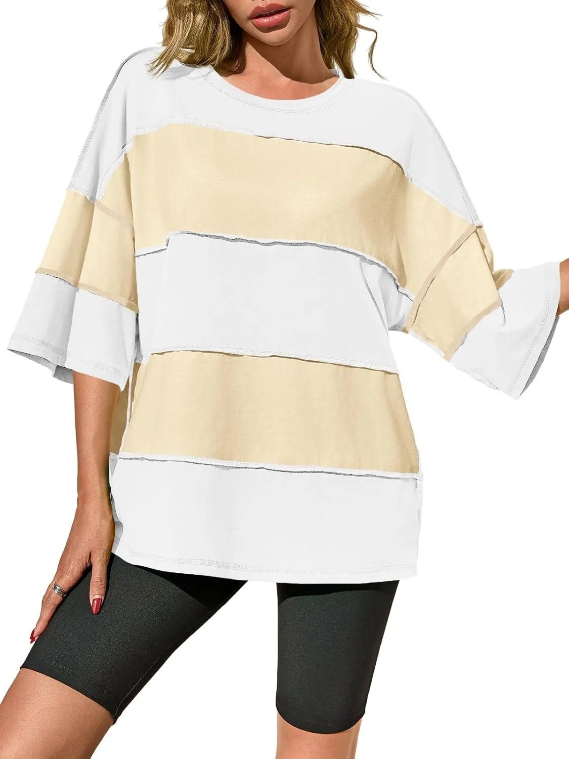 Tankaneo Womens Oversized Color Block Tshirts Half Sleeve Loose Fit Tops Summer Casual Crew Neck Exposed Seam Tee Shirts
