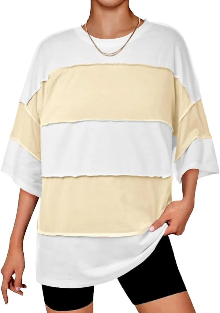 Tankaneo Womens Oversized Color Block Tshirts Half Sleeve Loose Fit Tops Summer Casual Crew Neck Exposed Seam Tee Shirts