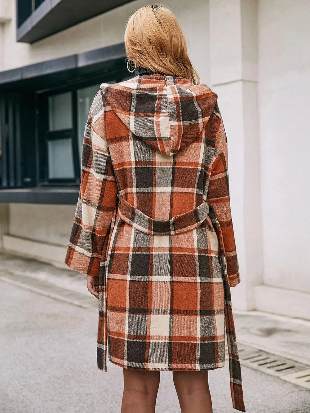 TIAFORD Women's Casual Flannel Plaid Wool Blend Plaid Hooded Coat Loose Long Sleeve Midi Jacket Outerwear with Belt