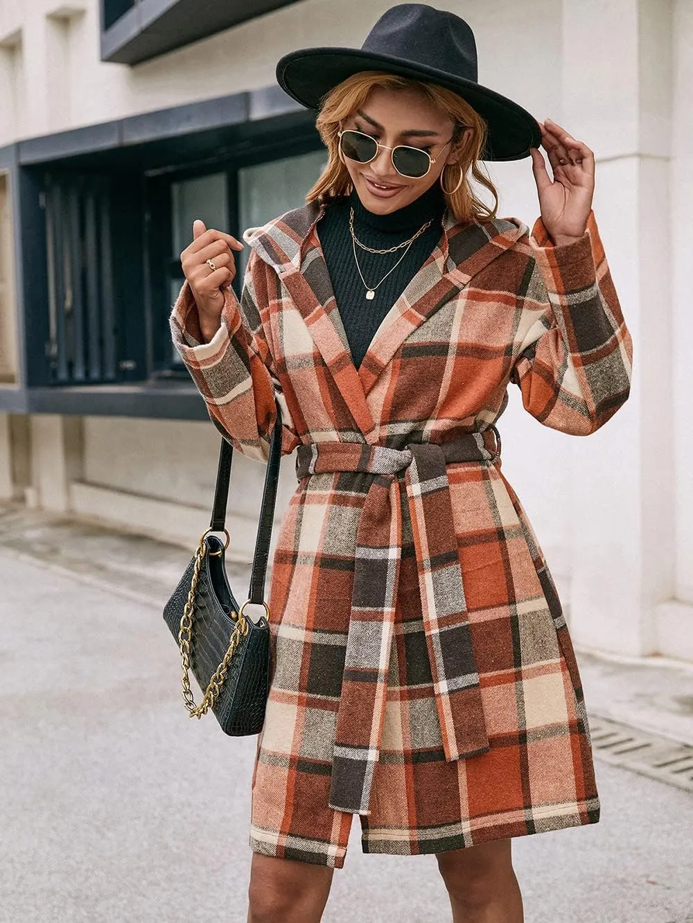 TIAFORD Women's Casual Flannel Plaid Wool Blend Plaid Hooded Coat Loose Long Sleeve Midi Jacket Outerwear with Belt