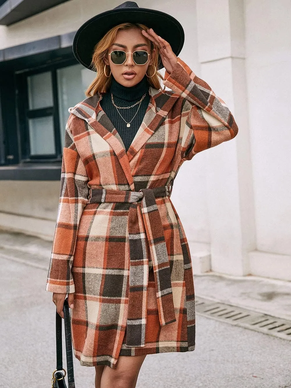TIAFORD Women's Casual Flannel Plaid Wool Blend Plaid Hooded Coat Loose Long Sleeve Midi Jacket Outerwear with Belt
