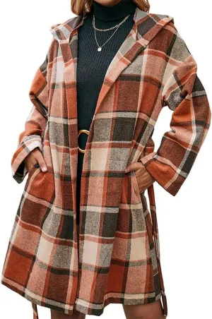 TIAFORD Women's Casual Flannel Plaid Wool Blend Plaid Hooded Coat Loose Long Sleeve Midi Jacket Outerwear with Belt