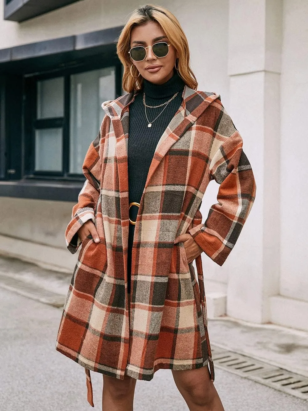 TIAFORD Women's Casual Flannel Plaid Wool Blend Plaid Hooded Coat Loose Long Sleeve Midi Jacket Outerwear with Belt