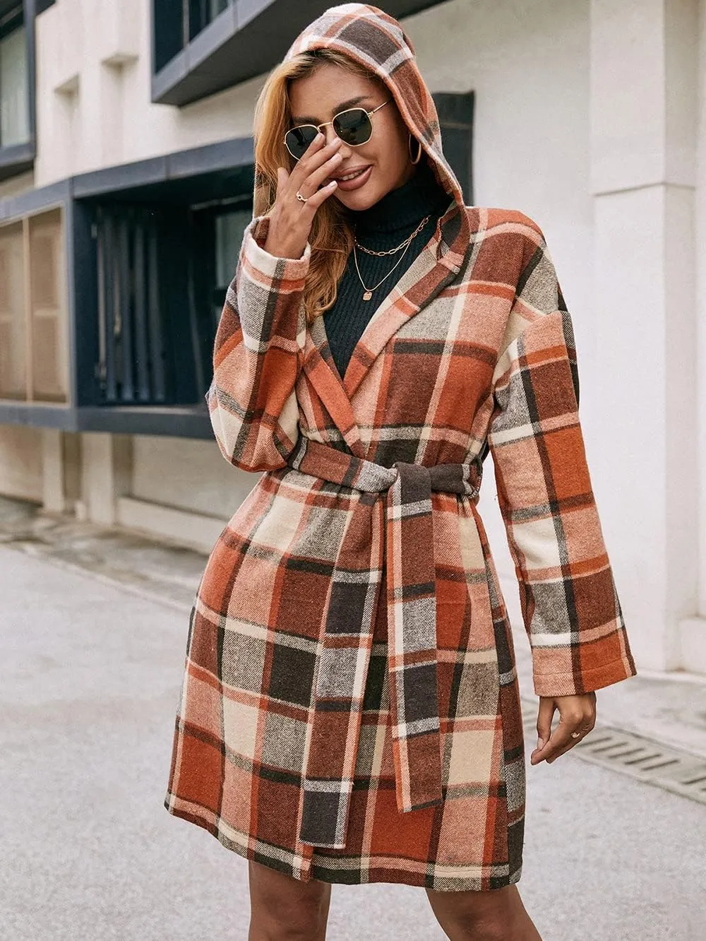 TIAFORD Women's Casual Flannel Plaid Wool Blend Plaid Hooded Coat Loose Long Sleeve Midi Jacket Outerwear with Belt