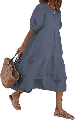 TIAFORD Women's Linen Puff Short Sleeve Crewneck Tiered Maxi Dress Summer Casual Flowy Vacation Plus Size Dress