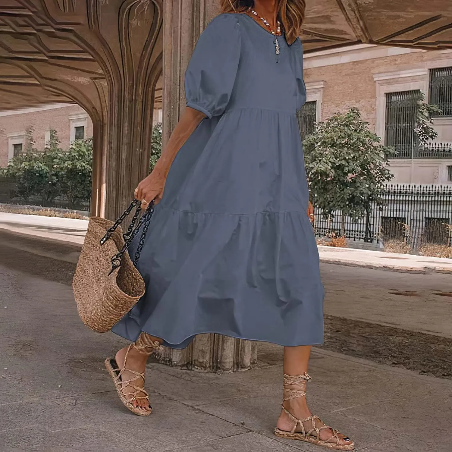 TIAFORD Women's Linen Puff Short Sleeve Crewneck Tiered Maxi Dress Summer Casual Flowy Vacation Plus Size Dress