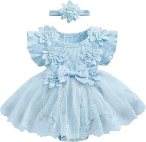 Toddler Baby Girl Summer Clothes Mesh Tutu Romper Dress Sleeveless Lace Dress with Headband