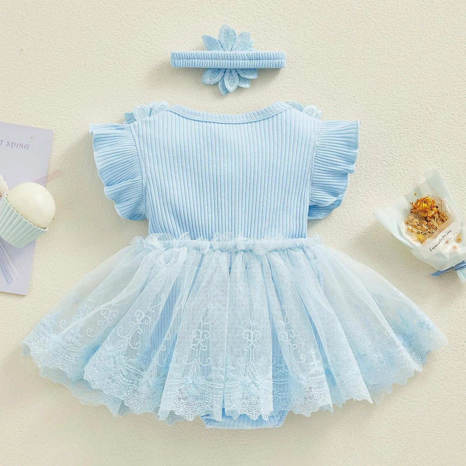 Toddler Baby Girl Summer Clothes Mesh Tutu Romper Dress Sleeveless Lace Dress with Headband