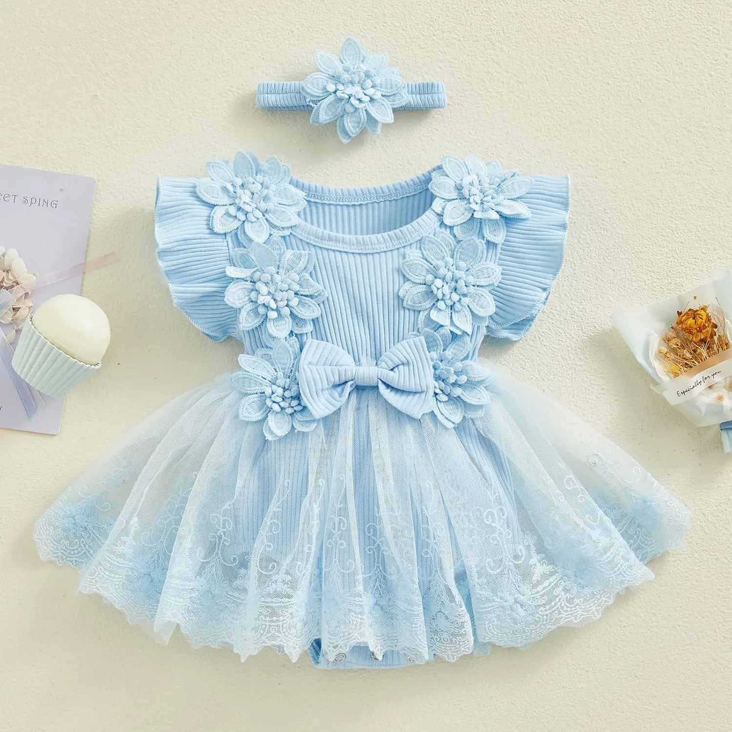 Toddler Baby Girl Summer Clothes Mesh Tutu Romper Dress Sleeveless Lace Dress with Headband