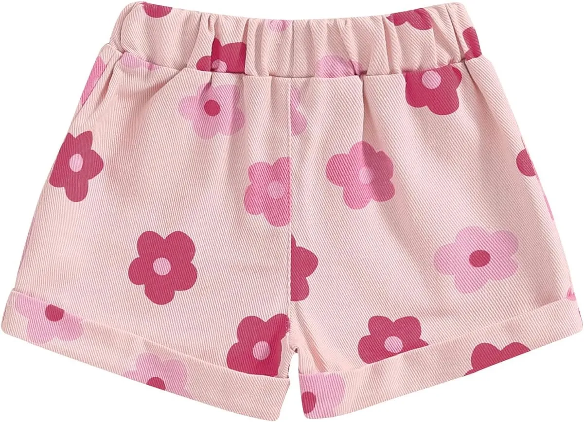 Toddler Baby Girls Floral Shorts Summer Elastic Waist Flower Print Short Jeans Pull On Denim Shorts with Pockets