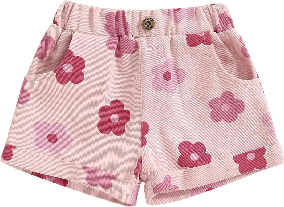 Toddler Baby Girls Floral Shorts Summer Elastic Waist Flower Print Short Jeans Pull On Denim Shorts with Pockets