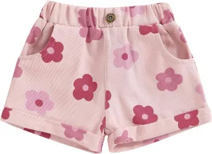 Toddler Baby Girls Floral Shorts Summer Elastic Waist Flower Print Short Jeans Pull On Denim Shorts with Pockets