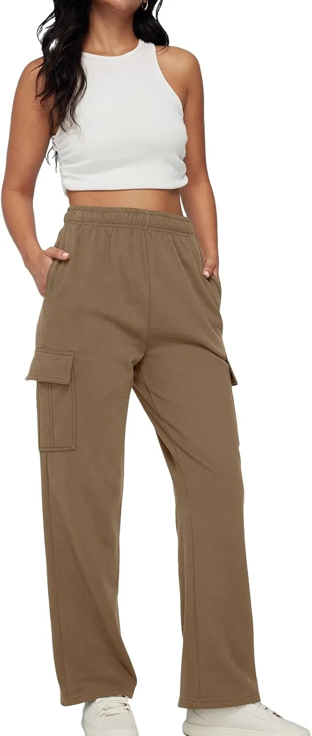 Trendy Queen Womens Cargo Sweatpants Wide Leg Baggy Fleece High Waisted Sweats Pants Winter Clothes with Pockets