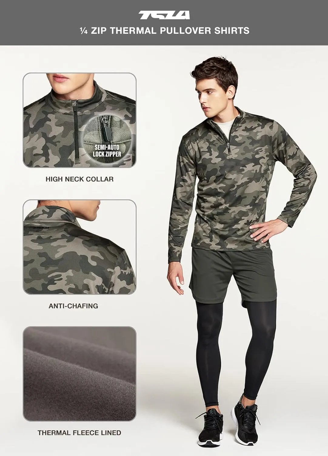TSLA Men's Quarter Zip Thermal Pullover Shirts, Winter Fleece Lined Lightweight Running Sweatshirt