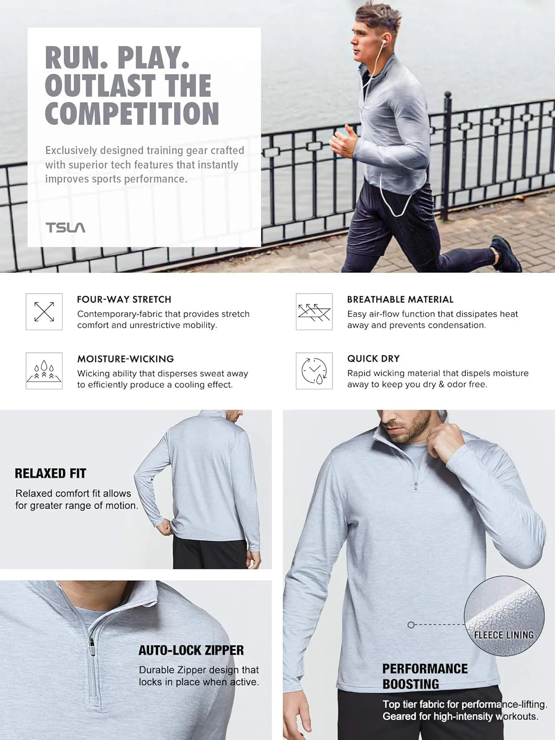 TSLA Men's Quarter Zip Thermal Pullover Shirts, Winter Fleece Lined Lightweight Running Sweatshirt