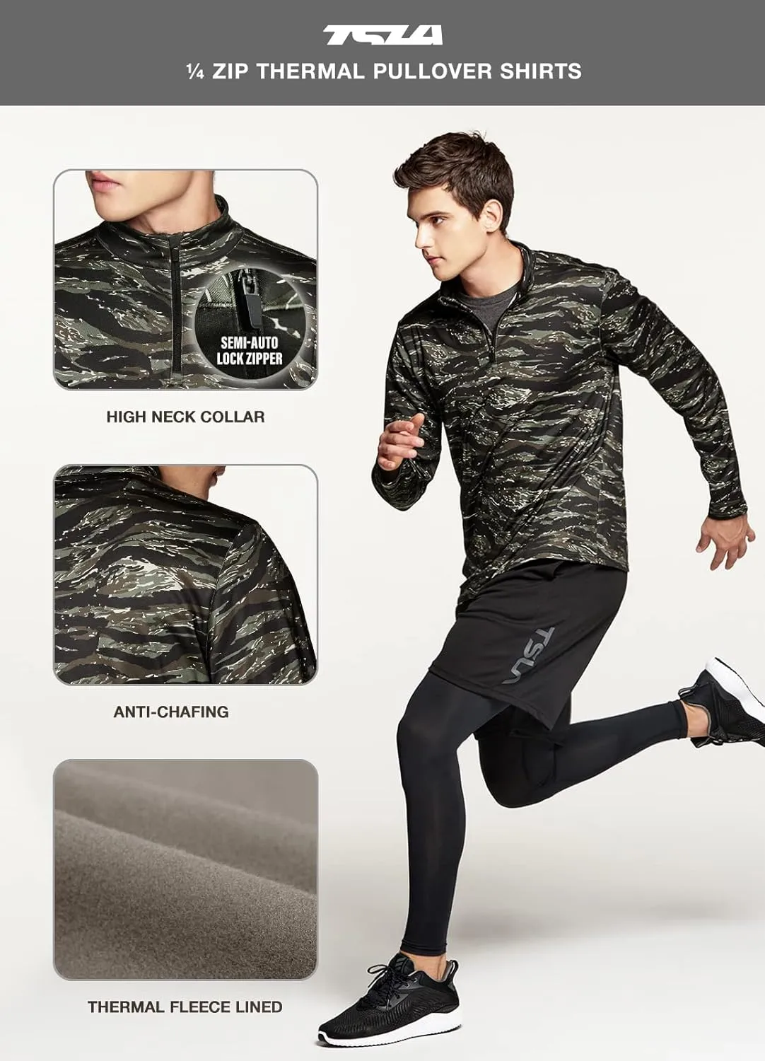 TSLA Men's Quarter Zip Thermal Pullover Shirts, Winter Fleece Lined Lightweight Running Sweatshirt