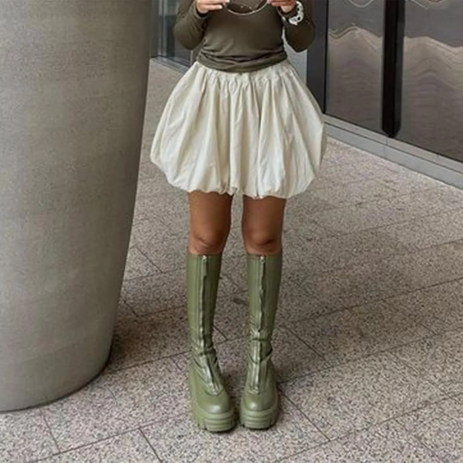 UAURORAO Women Y2k Bubble Skirts High Waist Pleated Ruffle Hem Short Skirts Teen Girls Puffy A Lined Mini Short Skirts