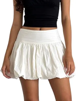 UAURORAO Women Y2k Bubble Skirts High Waist Pleated Ruffle Hem Short Skirts Teen Girls Puffy A Lined Mini Short Skirts