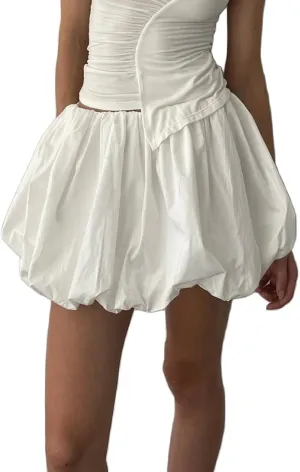 UAURORAO Women Y2k Bubble Skirts High Waist Pleated Ruffle Hem Short Skirts Teen Girls Puffy A Lined Mini Short Skirts