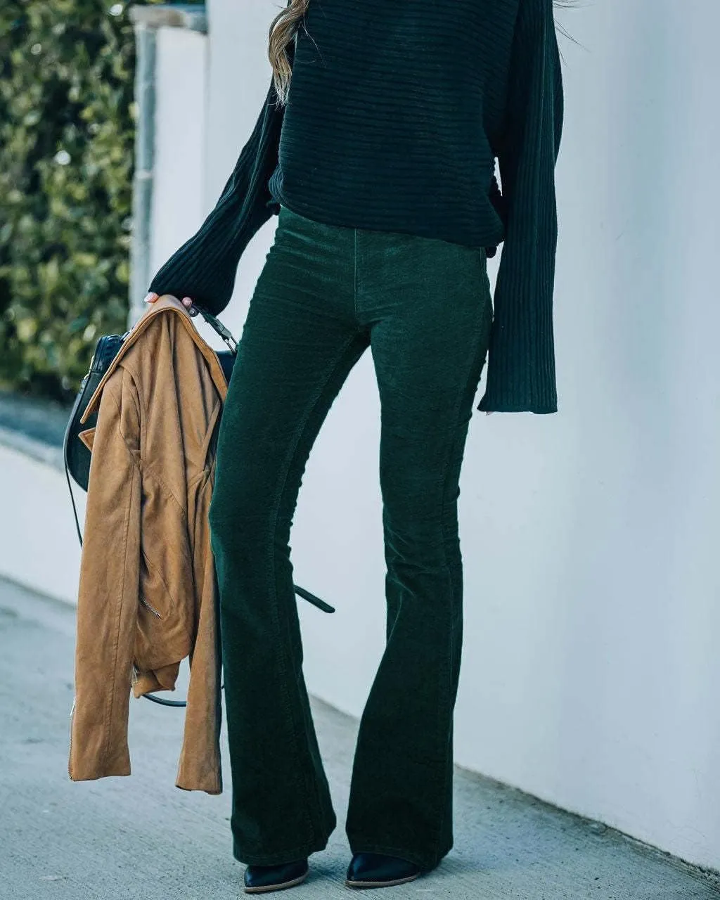 utcoco Womens Corduroy Flared Pants Slim Fit Elastic High Waist Bell Bottom Pants Trousers