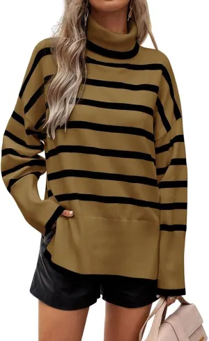 utcoco Womens Striped Sweater Turtleneck Jumper Tops Side Slit Oversized Knit Pullover 2024 Fall Winter