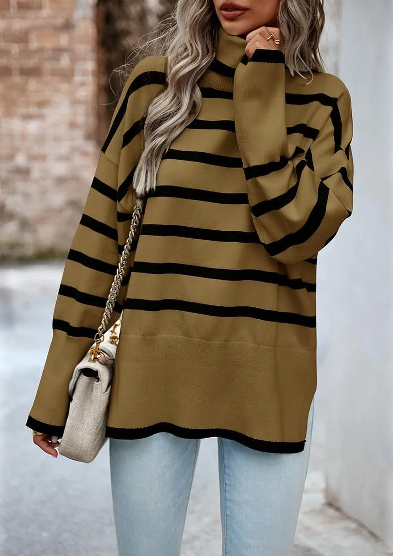 utcoco Womens Striped Sweater Turtleneck Jumper Tops Side Slit Oversized Knit Pullover 2024 Fall Winter