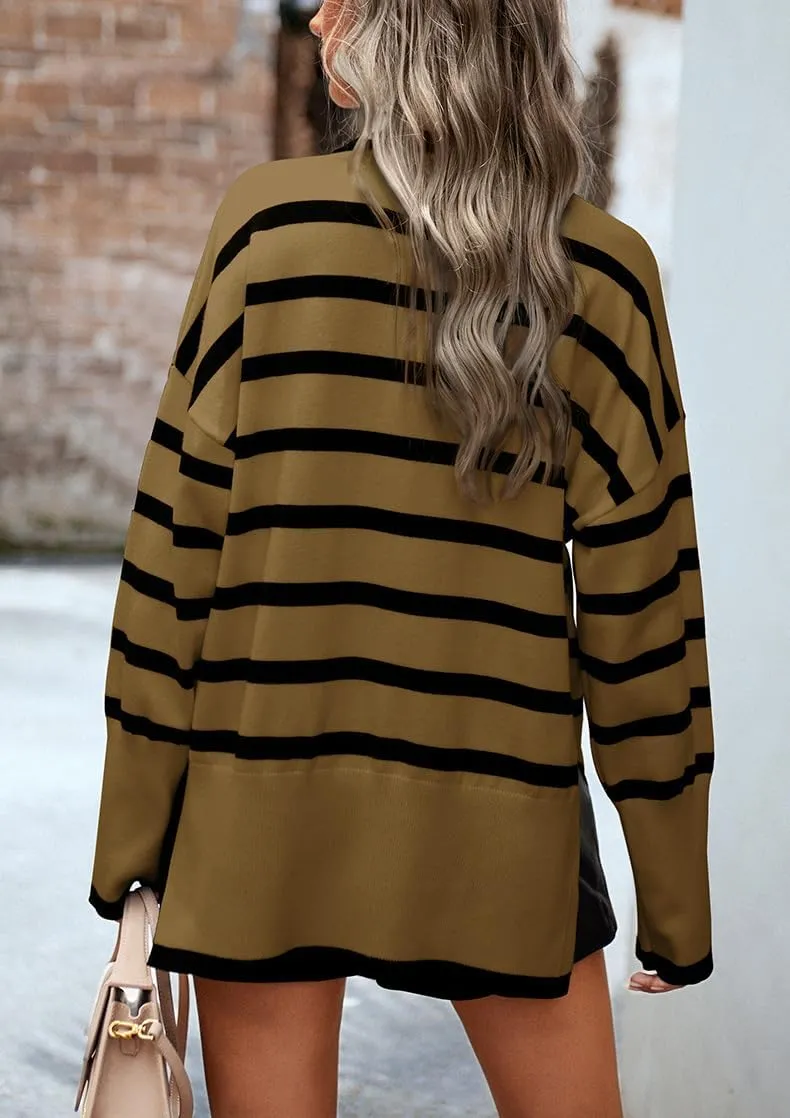 utcoco Womens Striped Sweater Turtleneck Jumper Tops Side Slit Oversized Knit Pullover 2024 Fall Winter