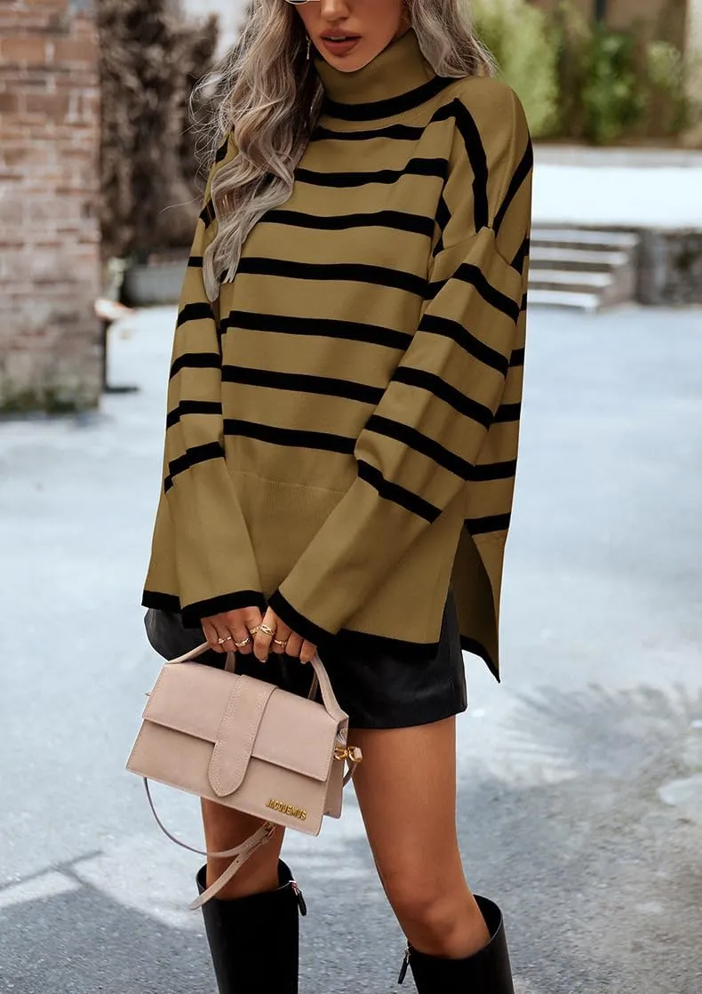 utcoco Womens Striped Sweater Turtleneck Jumper Tops Side Slit Oversized Knit Pullover 2024 Fall Winter