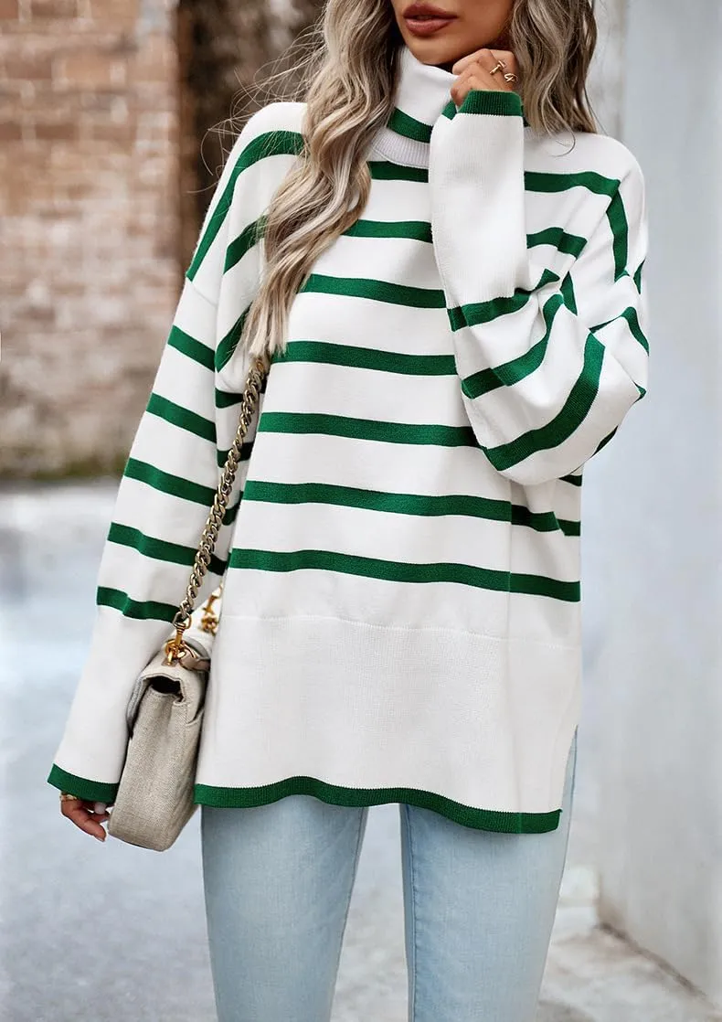 utcoco Womens Striped Sweater Turtleneck Jumper Tops Side Slit Oversized Knit Pullover 2024 Fall Winter
