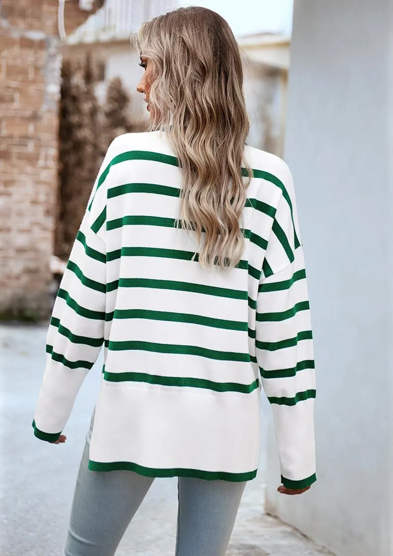 utcoco Womens Striped Sweater Turtleneck Jumper Tops Side Slit Oversized Knit Pullover 2024 Fall Winter