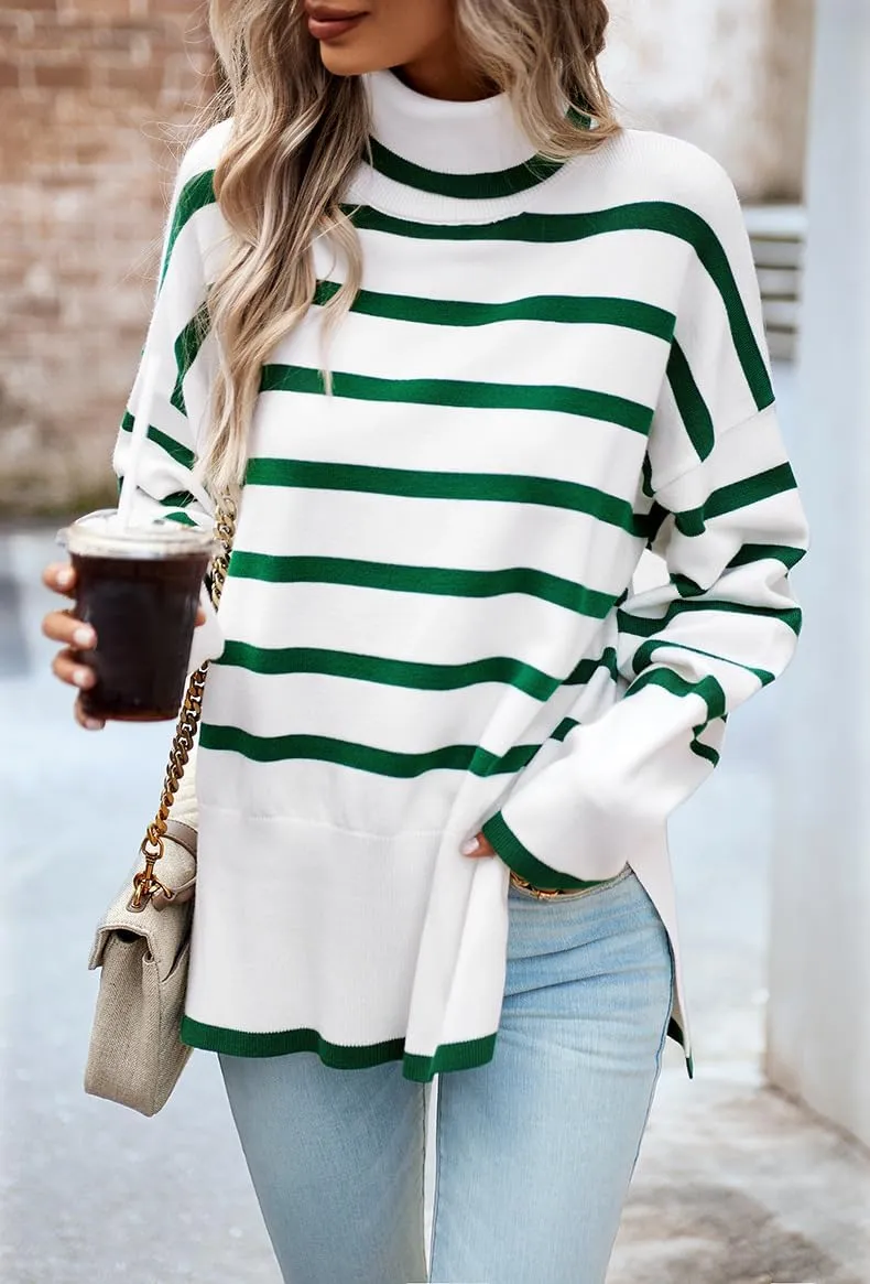 utcoco Womens Striped Sweater Turtleneck Jumper Tops Side Slit Oversized Knit Pullover 2024 Fall Winter