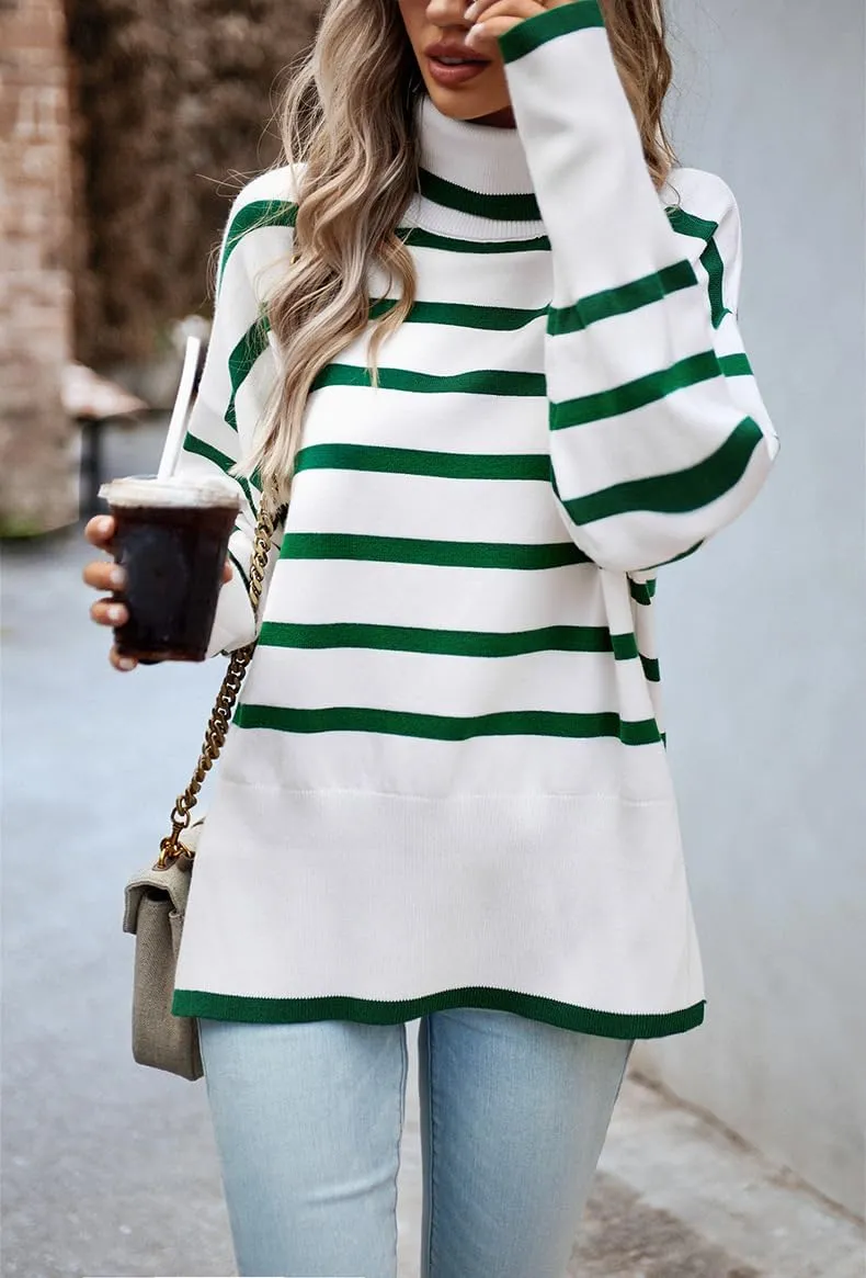 utcoco Womens Striped Sweater Turtleneck Jumper Tops Side Slit Oversized Knit Pullover 2024 Fall Winter