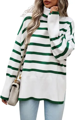 utcoco Womens Striped Sweater Turtleneck Jumper Tops Side Slit Oversized Knit Pullover 2024 Fall Winter