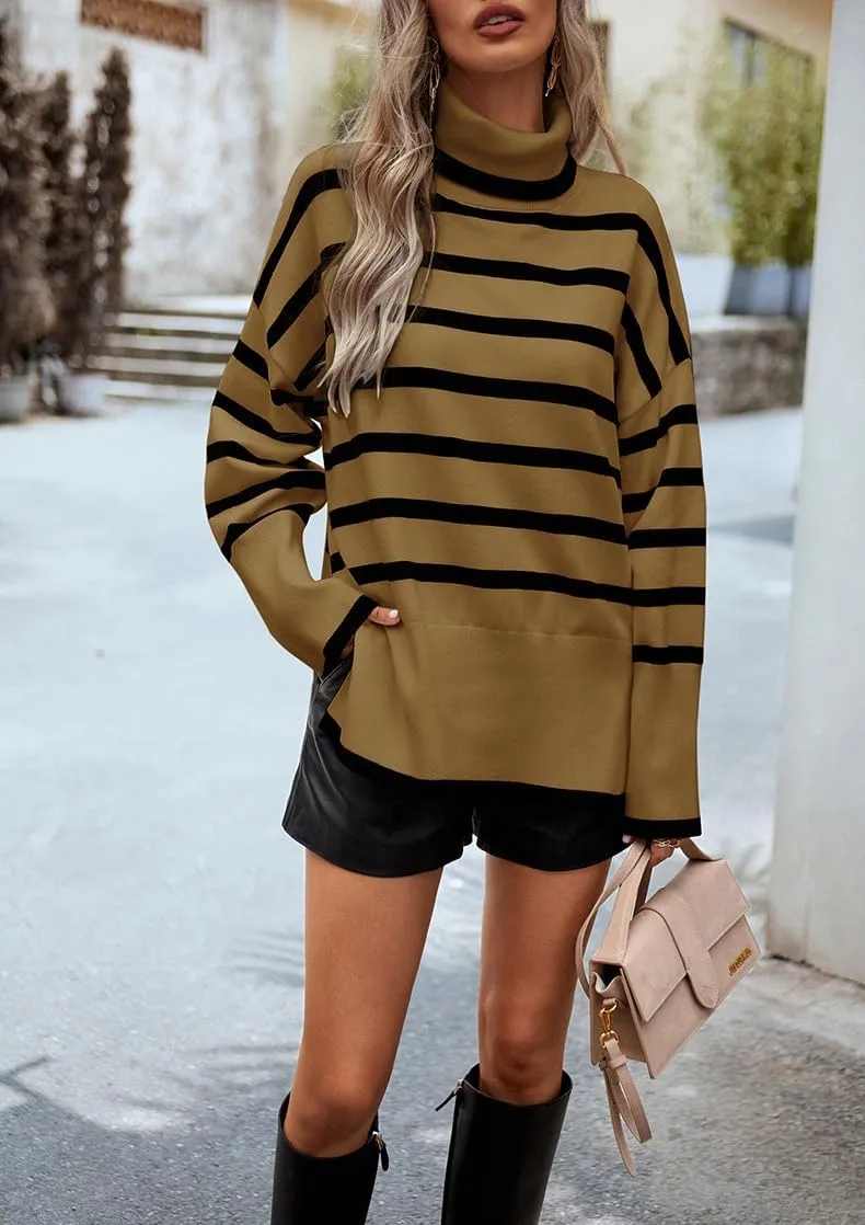 utcoco Womens Striped Sweater Turtleneck Jumper Tops Side Slit Oversized Knit Pullover 2024 Fall Winter