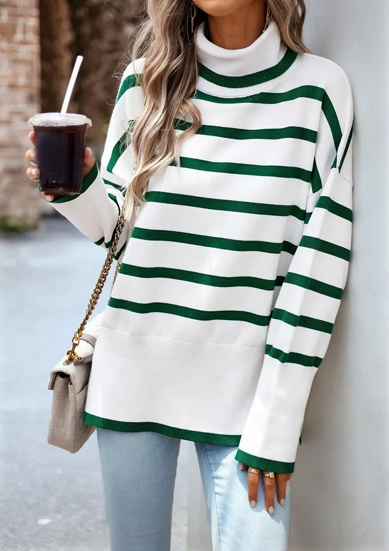 utcoco Womens Striped Sweater Turtleneck Jumper Tops Side Slit Oversized Knit Pullover 2024 Fall Winter