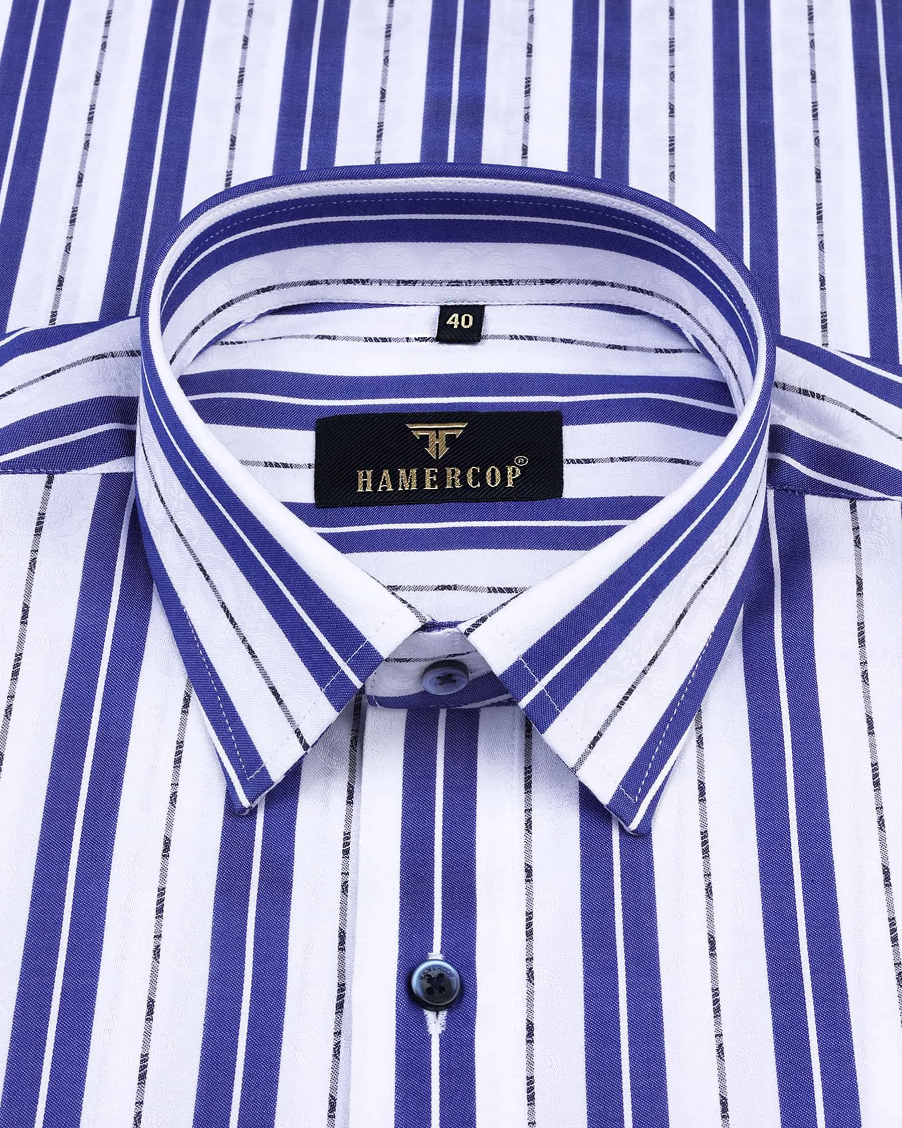 Veronica Blue Jacquard Paisley With White Stripe Cotton Shirt
