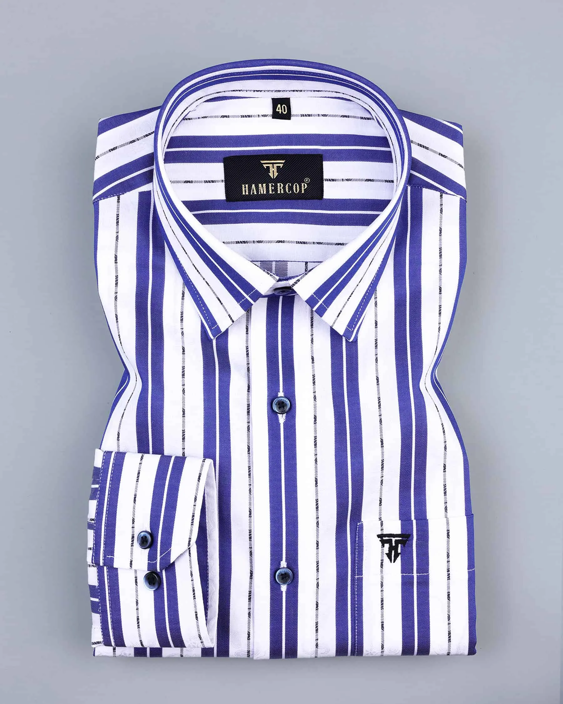 Veronica Blue Jacquard Paisley With White Stripe Cotton Shirt