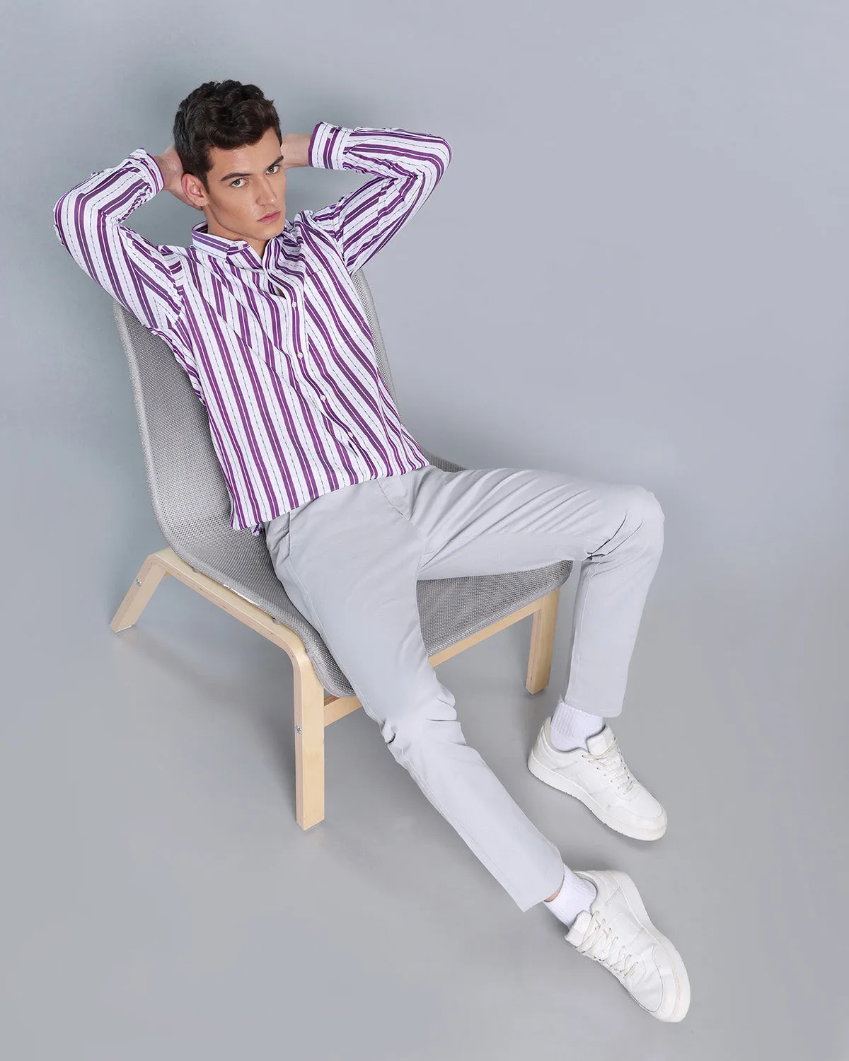 Veronica Purple Jacquard Paisley With White Stripe Cotton Shirt