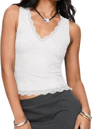 VNIRA Womens Lace Tank Top Scallop Sexy V-Neck Sleeveless Going Out Y2K Crop Tops 2025 Trendy Outfits