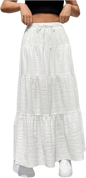 WDIRARA Women's Tiered Layer Ruffle Hem Maxi Skirts Low Waist Woven Casual Flowy A Line Skirt