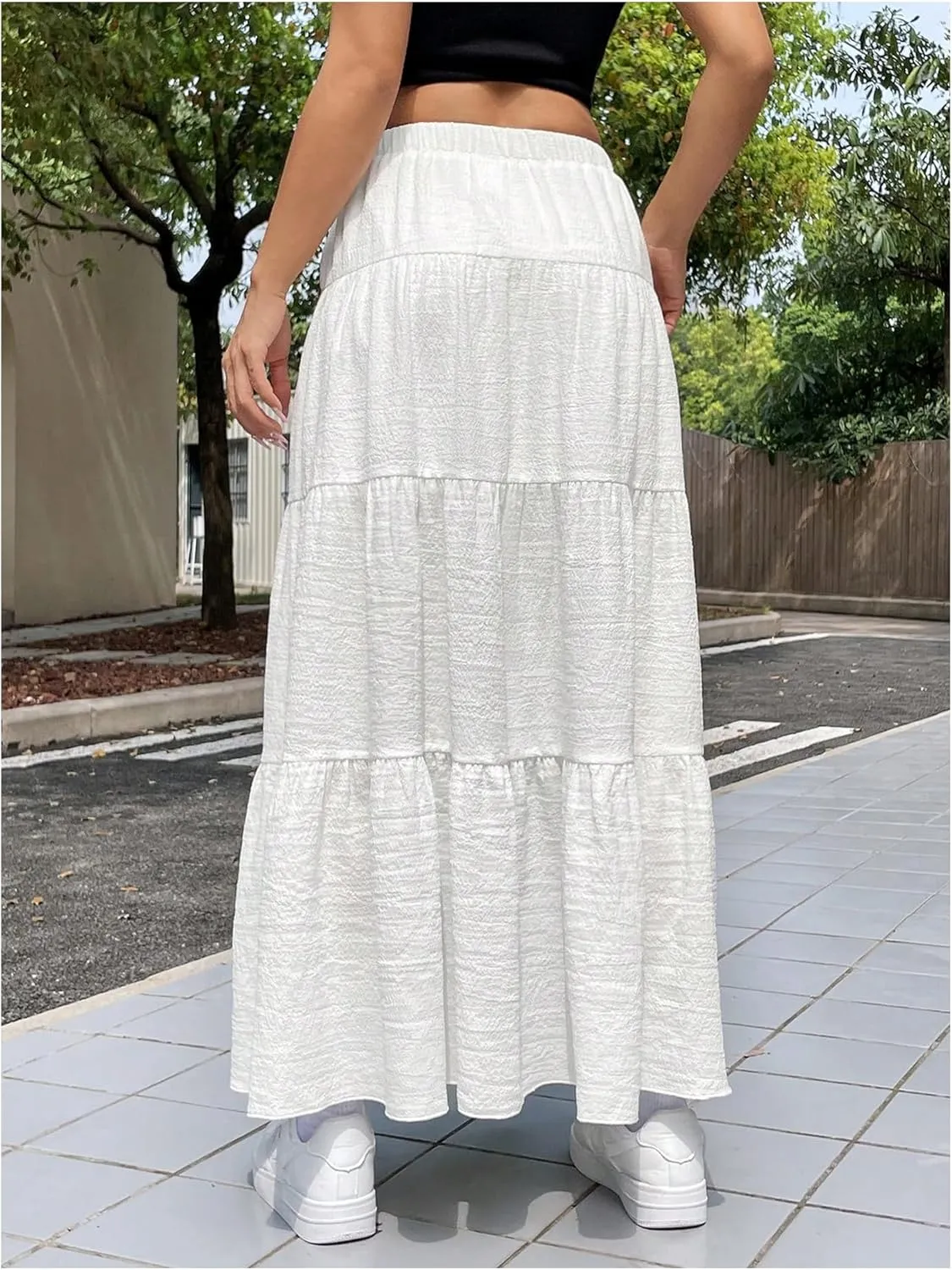 WDIRARA Women's Tiered Layer Ruffle Hem Maxi Skirts Low Waist Woven Casual Flowy A Line Skirt