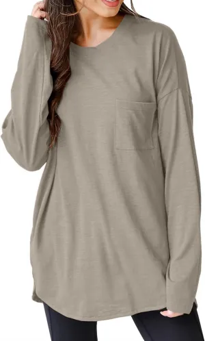 Wihion Women Oversized Long Sleeve T-Shirts Cotton Casual Crewneck Solid Tunic Tops with Pocket