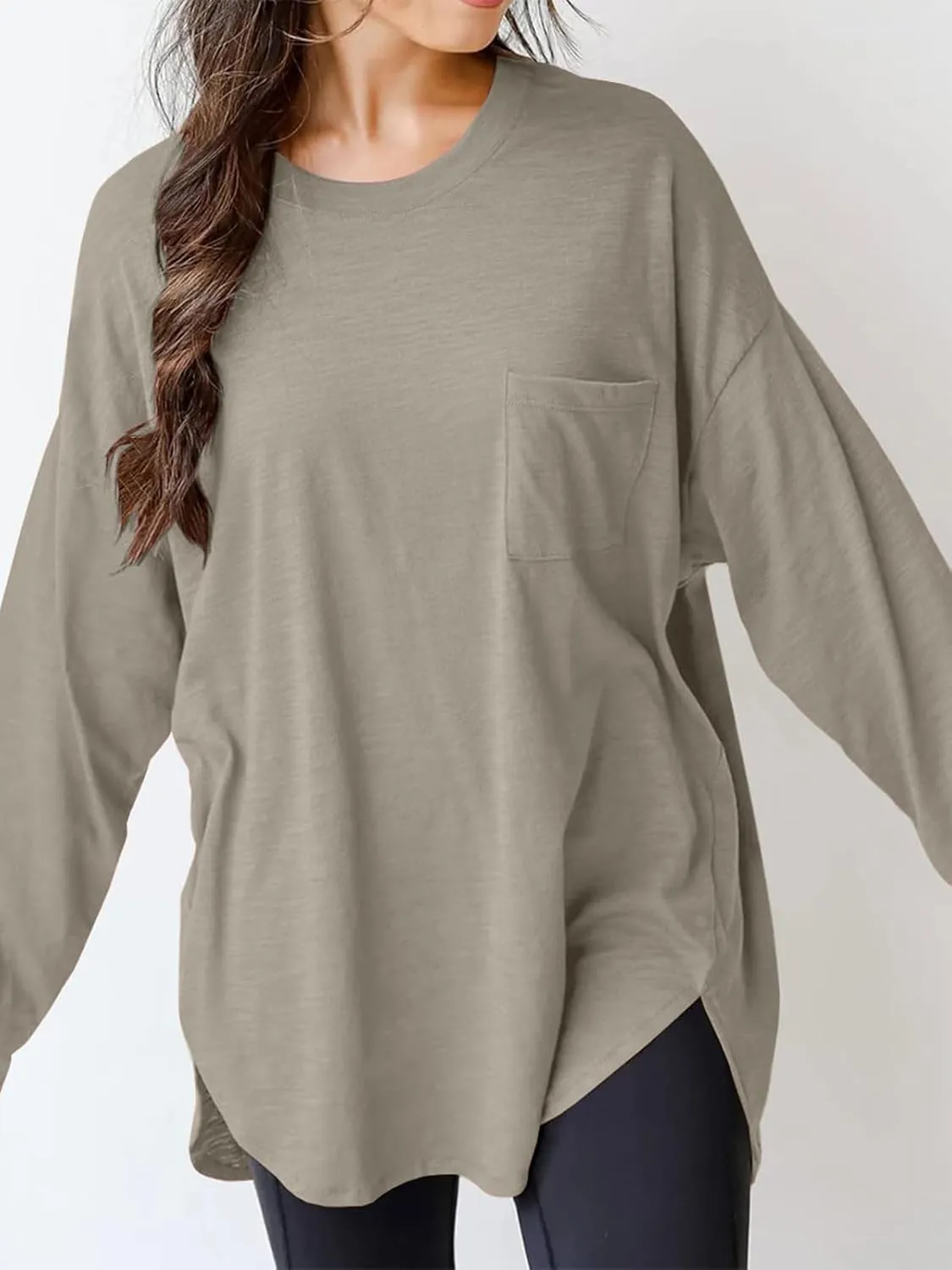 Wihion Women Oversized Long Sleeve T-Shirts Cotton Casual Crewneck Solid Tunic Tops with Pocket