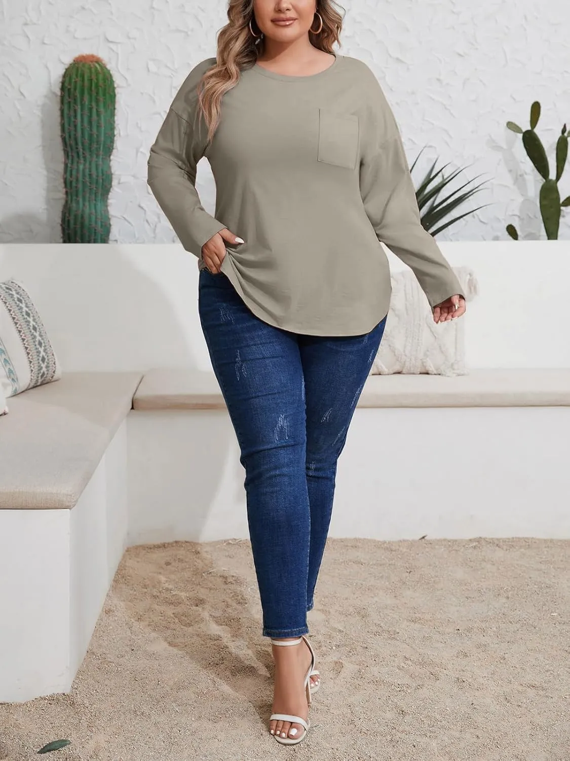Wihion Women Oversized Long Sleeve T-Shirts Cotton Casual Crewneck Solid Tunic Tops with Pocket