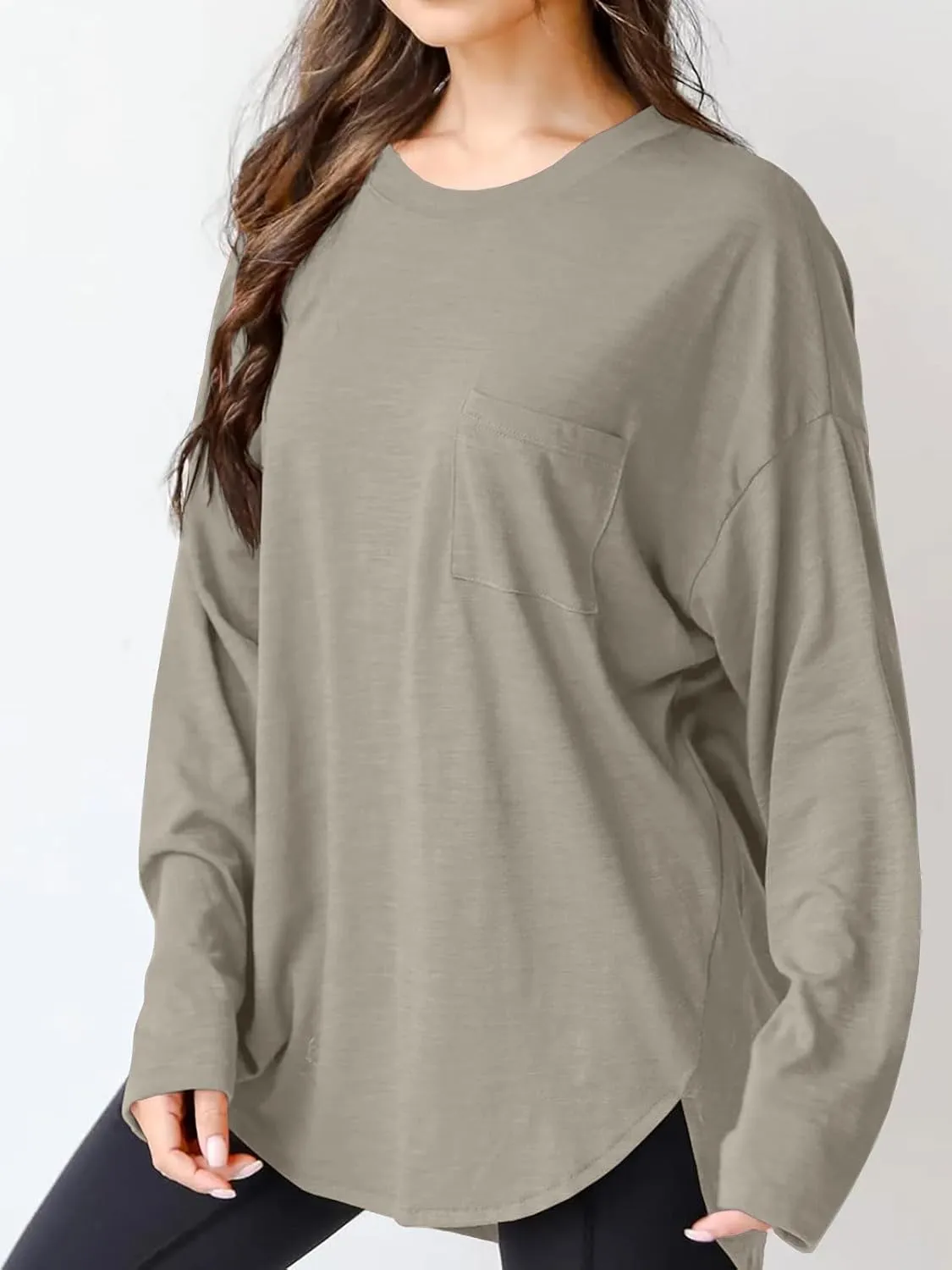 Wihion Women Oversized Long Sleeve T-Shirts Cotton Casual Crewneck Solid Tunic Tops with Pocket