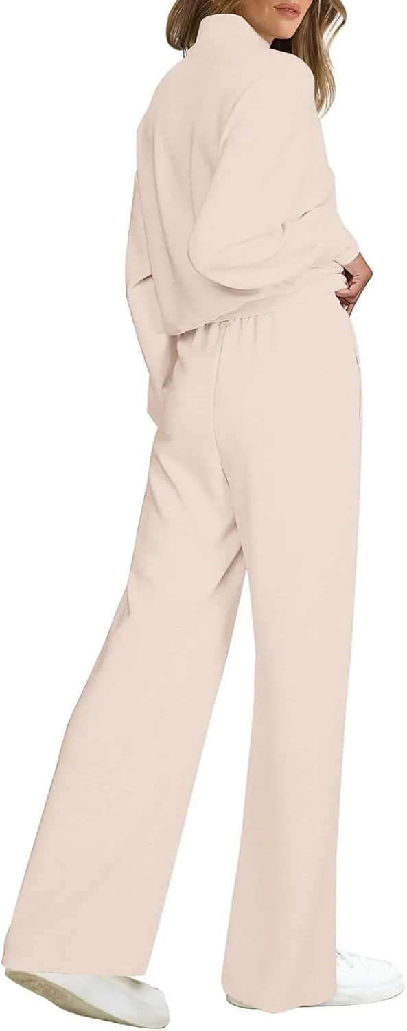 WIHOLL Womens 2 Piece Outfits Lounge Sets 2024 Half Zip Sweatshirt and Wide Leg Sweatpant with Pocket Fall Fashion Tracksuit