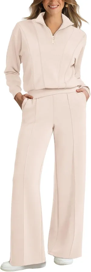 WIHOLL Womens 2 Piece Outfits Lounge Sets 2024 Half Zip Sweatshirt and Wide Leg Sweatpant with Pocket Fall Fashion Tracksuit