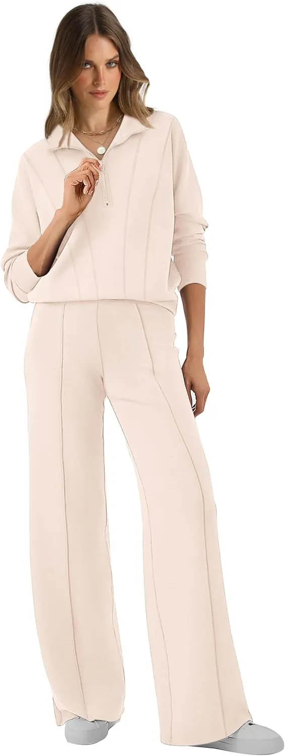 WIHOLL Womens 2 Piece Outfits Lounge Sets 2024 Half Zip Sweatshirt and Wide Leg Sweatpant with Pocket Fall Fashion Tracksuit