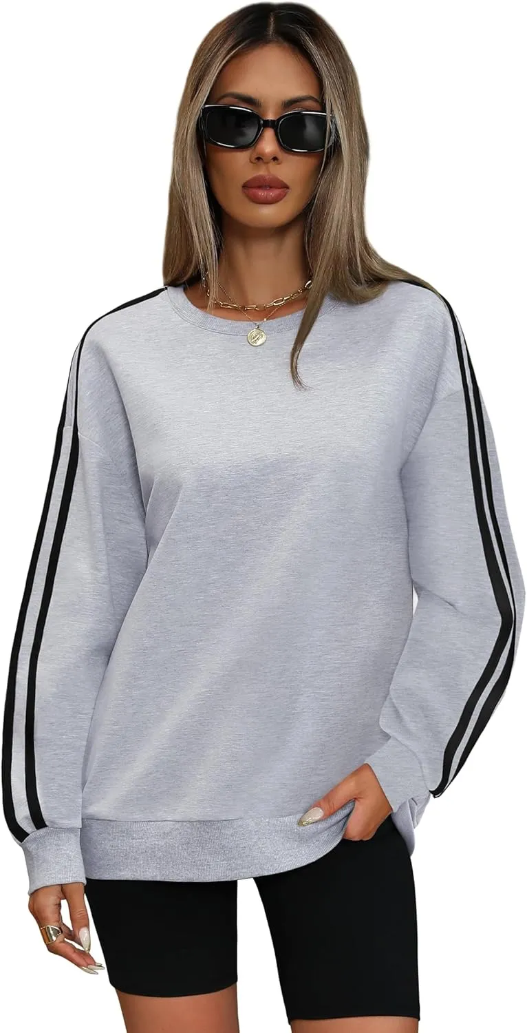 WIHOLL Womens Sweatshirts Oversized Long Sleeve Pullover Striped Shirts Crewneck Fall Outfits Y2K Preppy Clothes